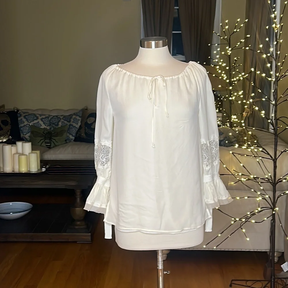 Tory Burch Christy Boat Neck, Lace Inset Long Sleeve Silk Blouse Small